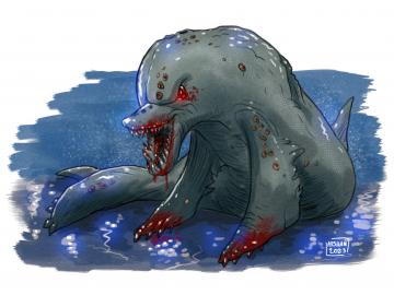Color digital sketch of a mutant killer dolphin with fangs, bloody mouth and fins, on land 